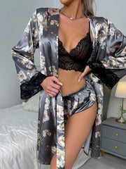 3 Pcs Floral Pajamas Set Lace Trim Cami & Shorts