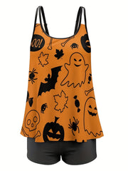Halloween Tankini Set Women's Plus Ghost & Pumpkin Print Swimwear