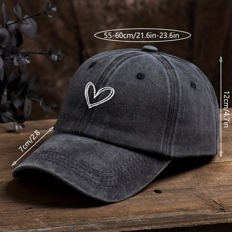 Washed Denim Heart Embroidery Baseball Cap