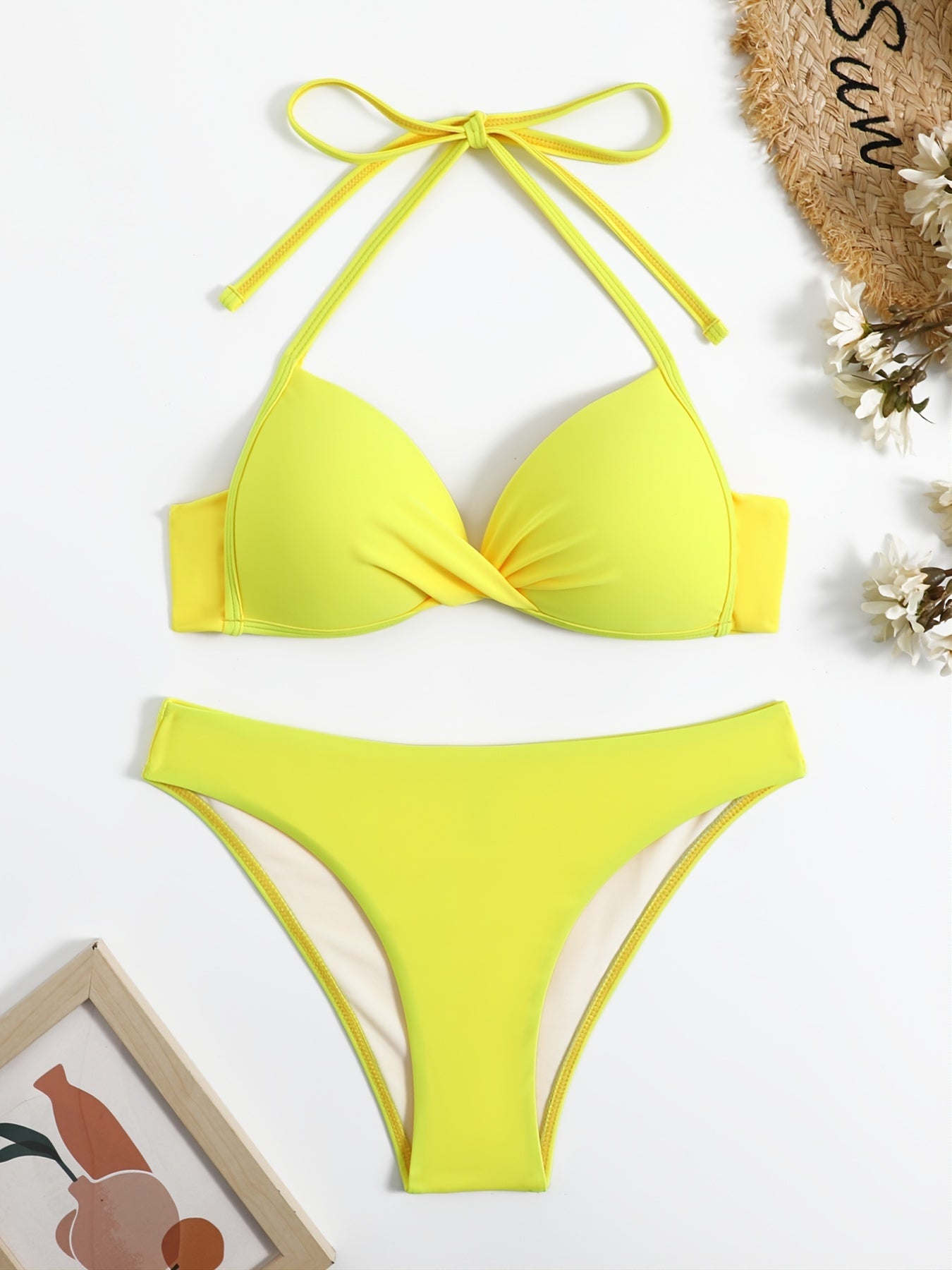 Halter Neck Bikini Set V Neck Ruched High Cut 2 Piece Bathing Suit