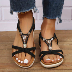 Boho Style Beads Flat Sandals Elastic Slip On Shoes