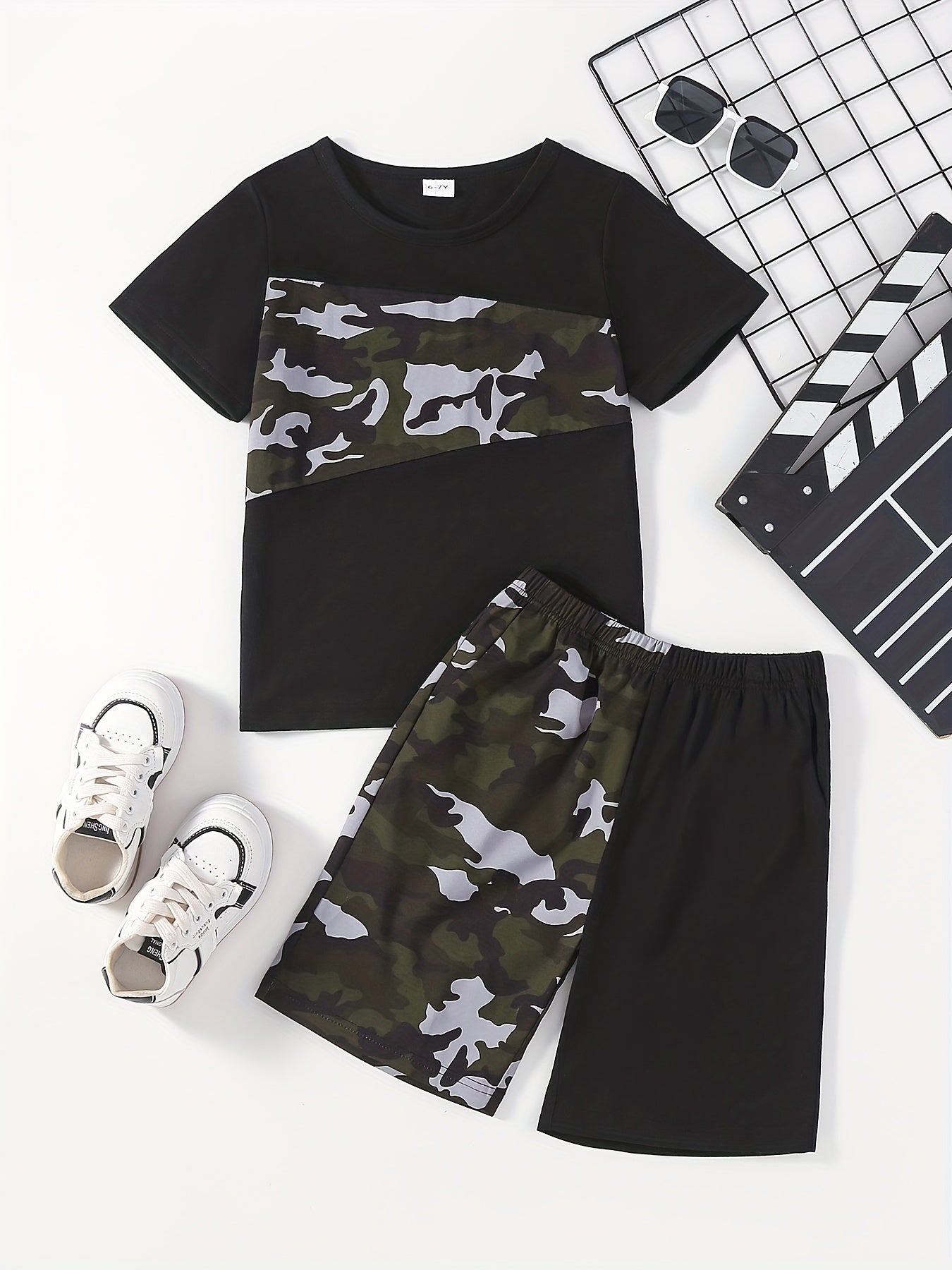 Boys Camo Print T-shirt & Shorts Set, Summer Kids Clothing