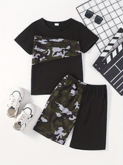 Boys Camo Print T-shirt & Shorts Set, Summer Kids Clothing