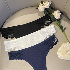 3pcs Lace Thongs Soft & Comfy Ribbed Panties Women's Lingerie