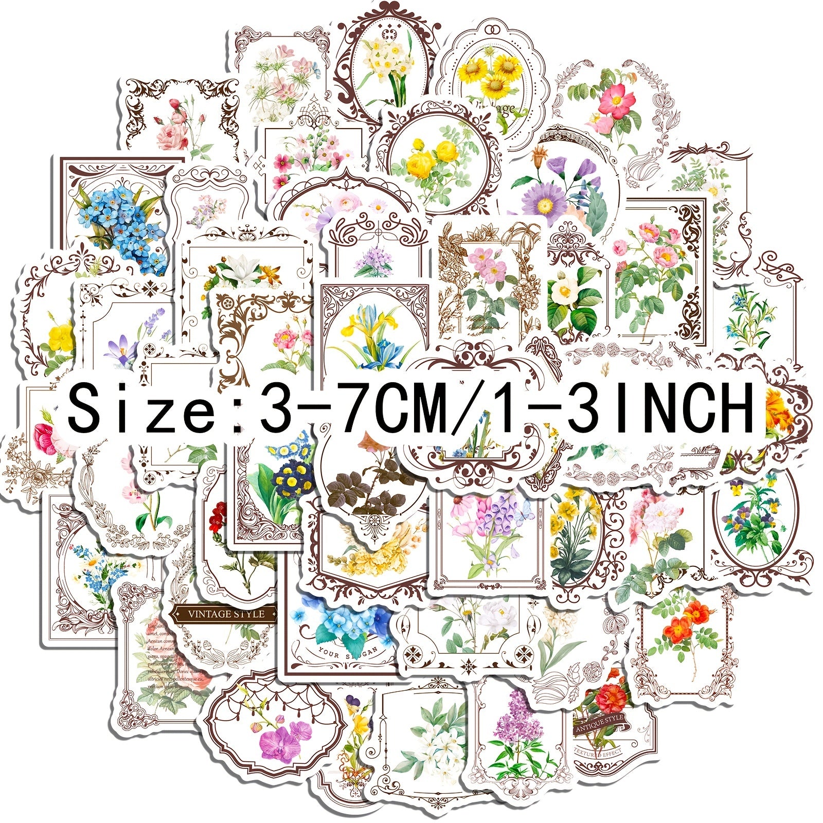 50pcs Retro Flower Stickers for Garden Diary Laptop Water Cup DIY Journal
