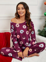 Donut Print Pajama Set Crew Neck Long Sleeve Top & Elastic Waistband Pants