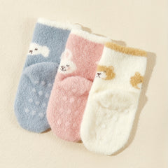 3pairs Baby Girls Cartoon Plush Non-slip Floor Socks for Autumn and Winter