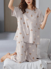 Teddy Puppy Pajamas Set Soft Top & Cropped Pants Women's Loungewear