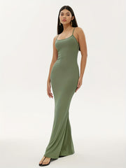 Square Neck Spaghetti Strap Long Dress Sexy Slim Waist Summer Bodycon Maxi Dress
