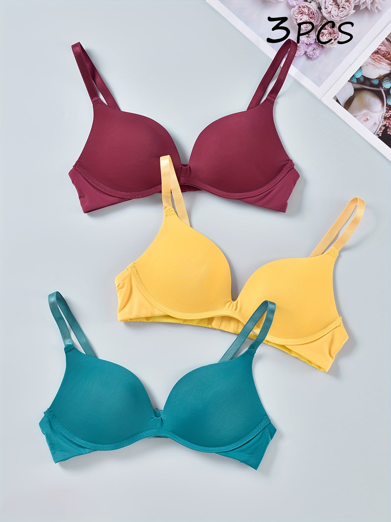 3pcs Solid T-Shirt Bras Comfy & Breathable Push-Up Bra Women's Lingerie