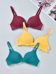 3pcs Solid T-Shirt Bras Comfy & Breathable Push-Up Bra Women's Lingerie