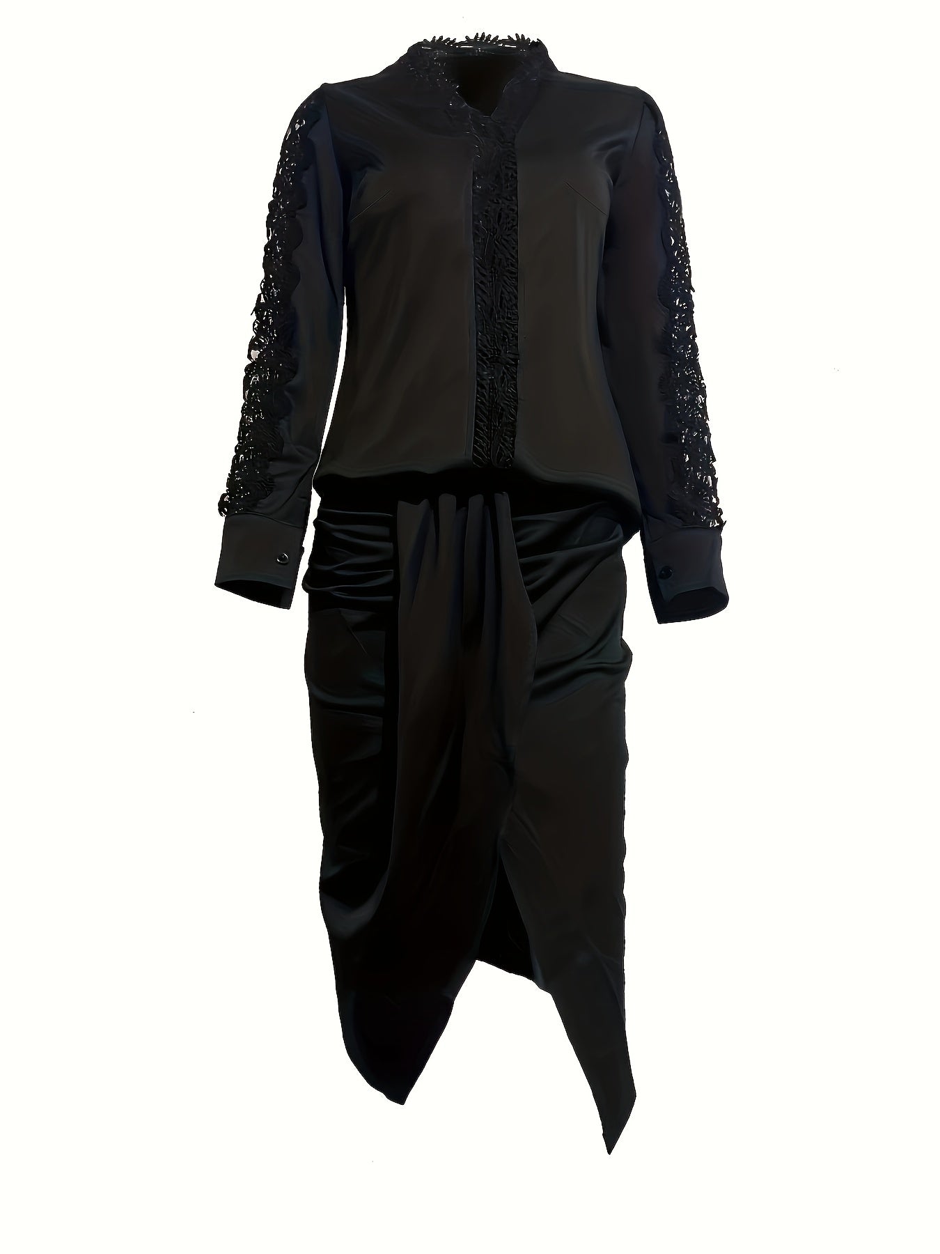 Lace Stitching Split Dress Long Sleeve Ruched
