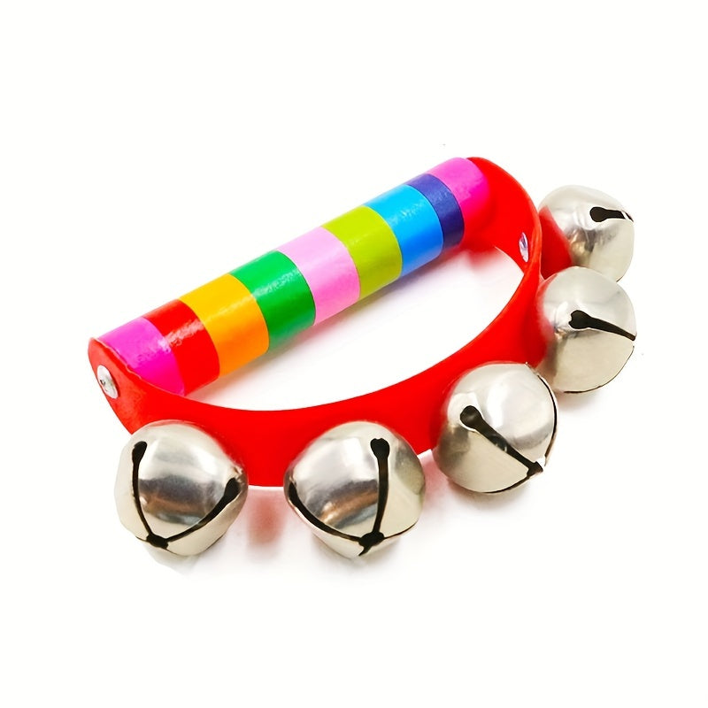 Wood Leather 5 Bell Half Round Hand Ring Music Children Grasp Toy