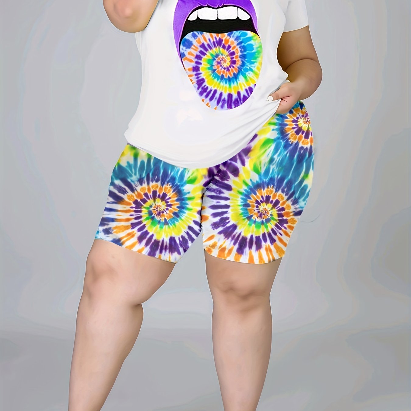 Lip Print Tee & Tie Dye Shorts Set Women's Plus Casual 2pcs Outfits