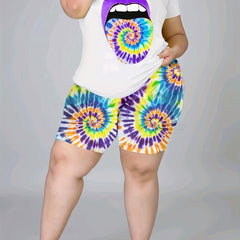 Lip Print Tee & Tie Dye Shorts Set Women's Plus Casual 2pcs Outfits