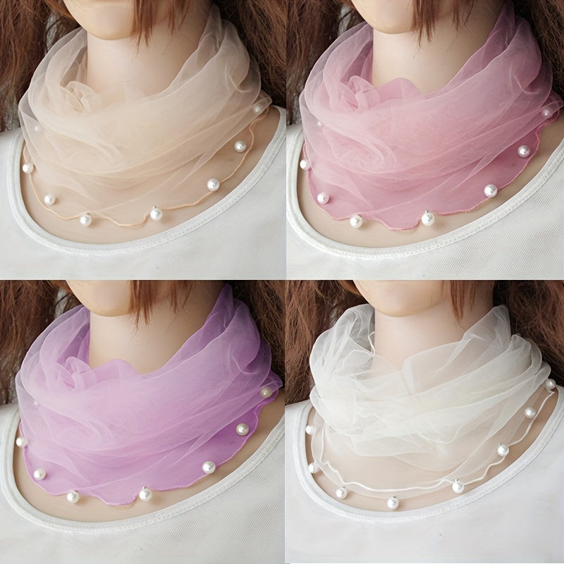 Faux Pearl Ruffle Scarf Gauze Neck Warmer Infinity Loop Scarf