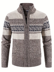 Geometric Pattern Stand Collar Cardigan Men's Zip Up Jacket
