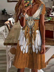 Vintage V Neck Eagle Print Ethnic Dress Women's Clothing