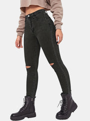 Ripped Holes Skinny Jeans Slim Fit Slash Pockets Mid Stretch Denim Pants