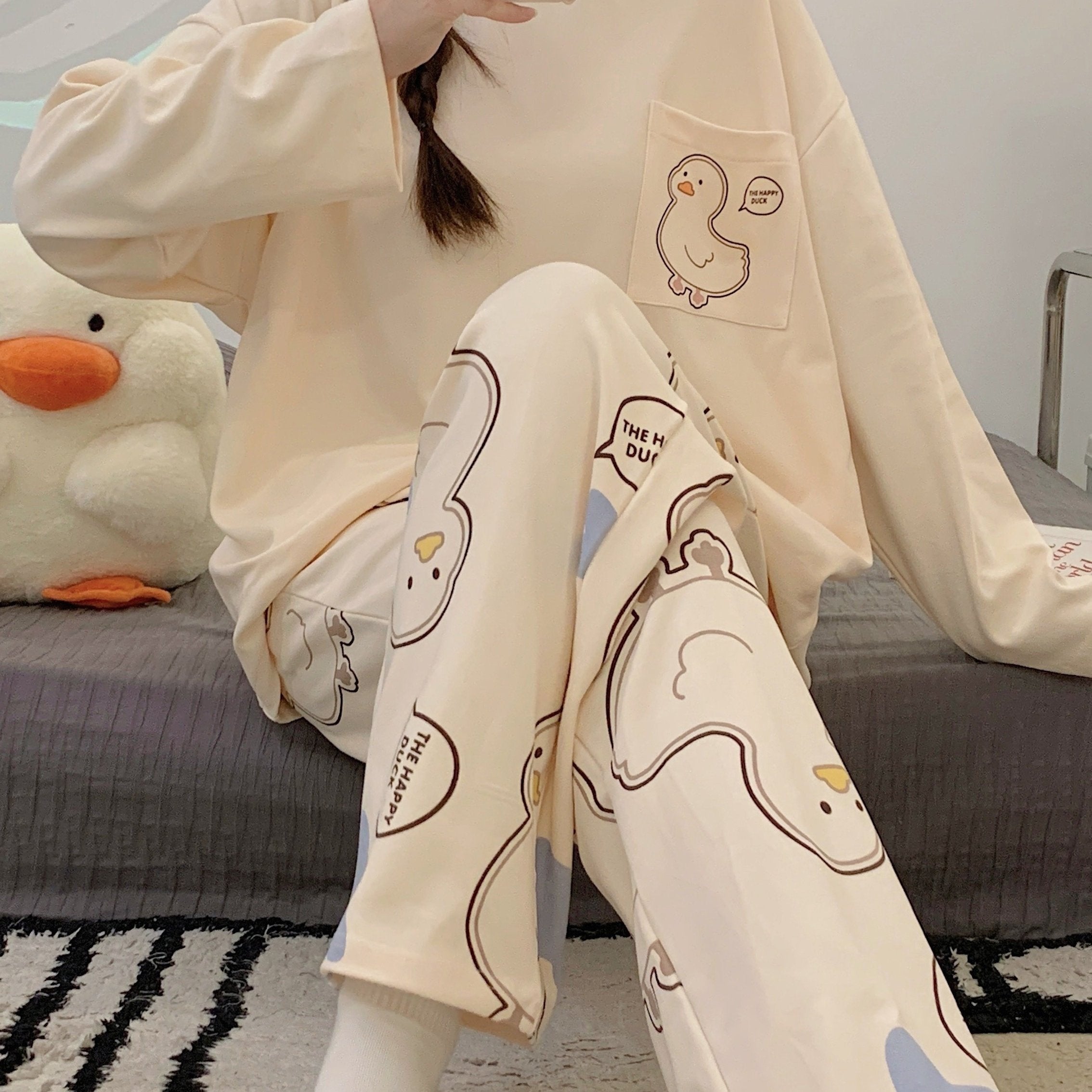 Duck Print Pajama Set Long Sleeve Top & Elastic Waistband Pants
