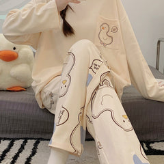 Duck Print Pajama Set Long Sleeve Top & Elastic Waistband Pants