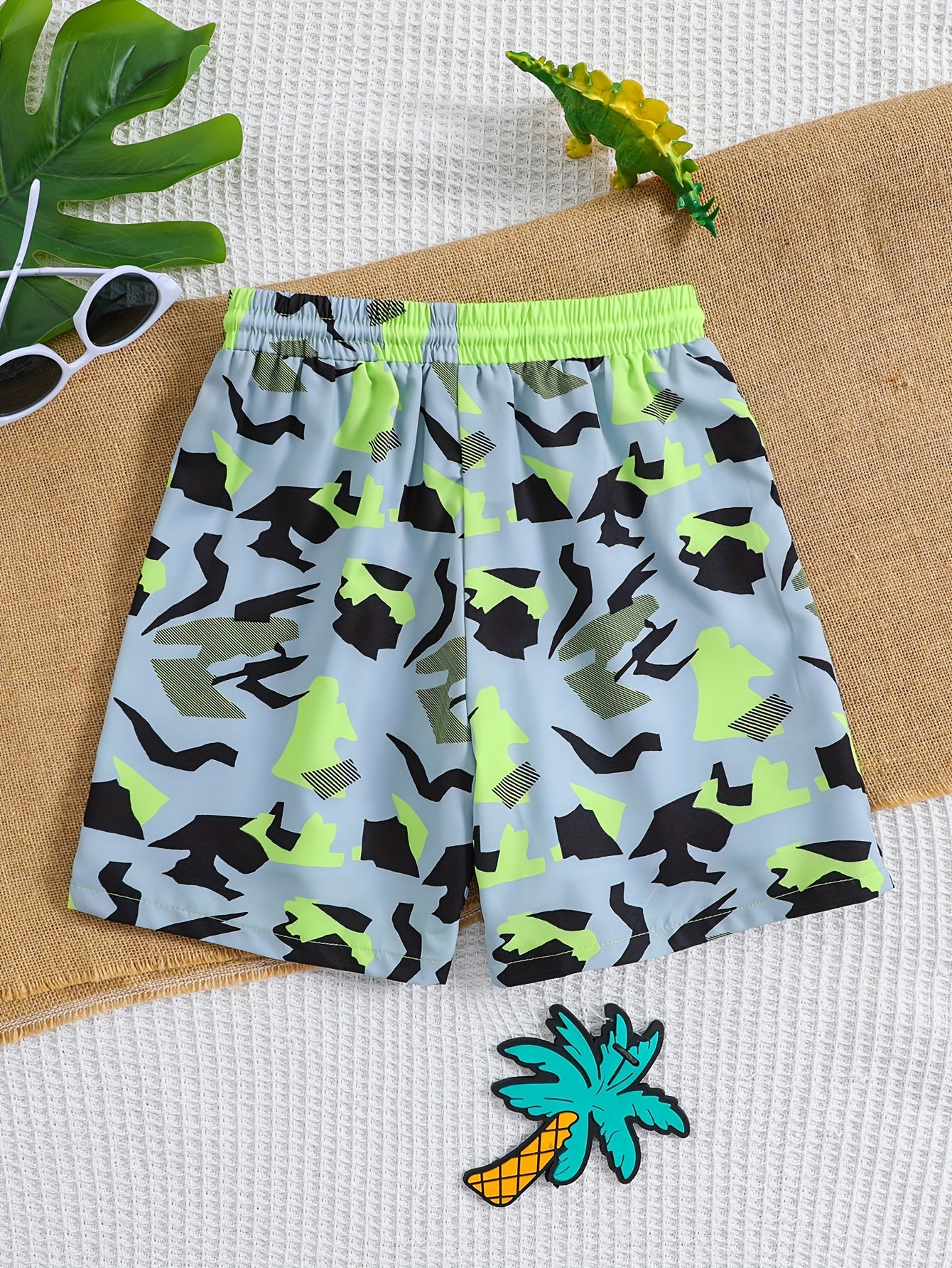 Boys Geometric Dinosaur Swim Trunks Elastic Waist Beach Shorts