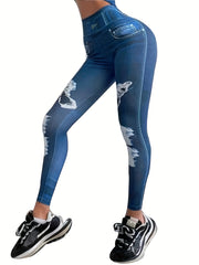 Faux Denim Print Yoga Pants High Waist Fitness Leggings