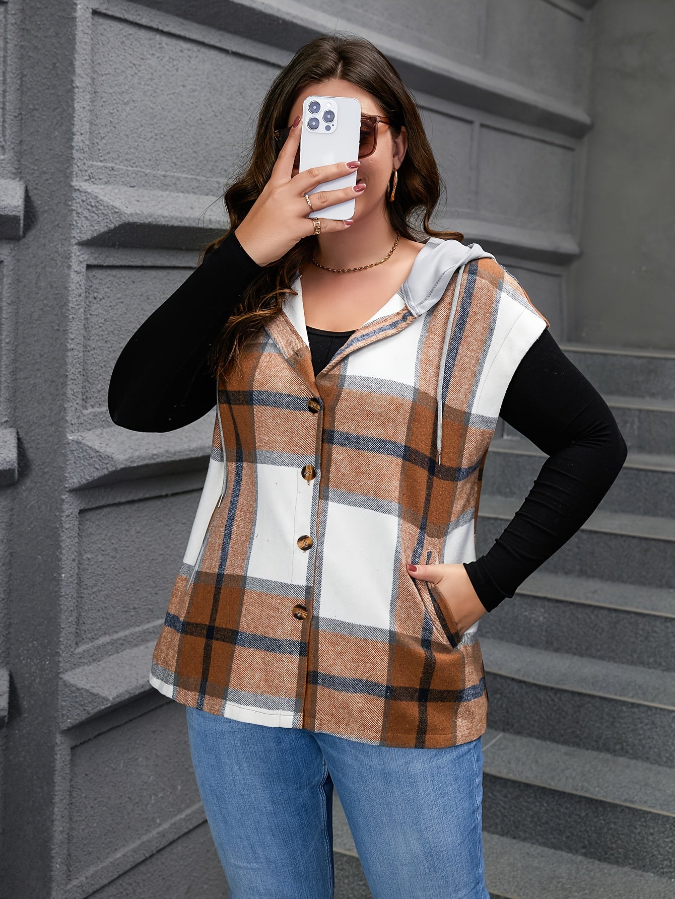 Colorblock Plaid Print Hooded Vest Coat