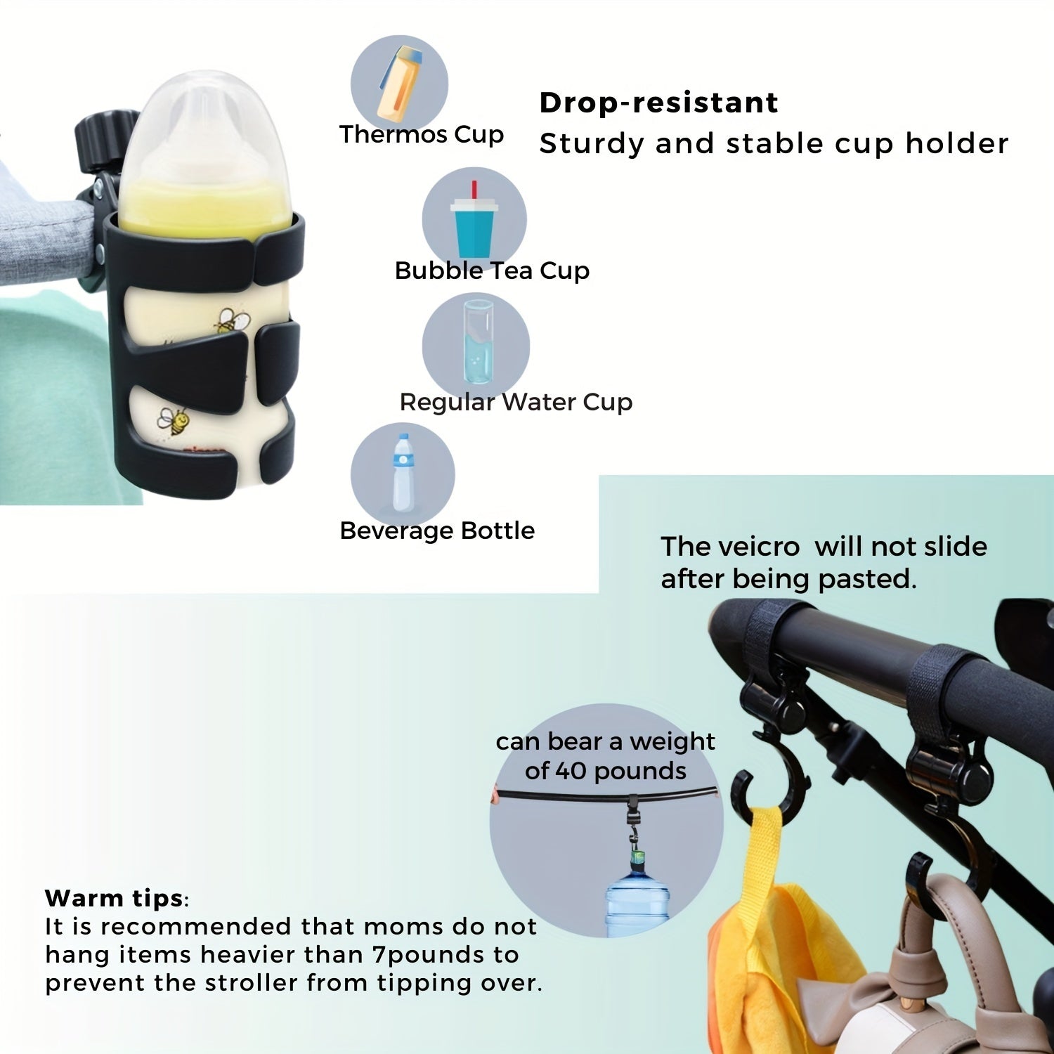 Adjustable Baby Stroller Cup Holder with Insulated Bottle Holder