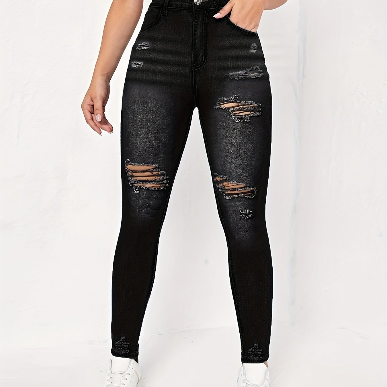 Ripped Holes Skinny Jeans Slim Fit High Waist Casual Denim Pants