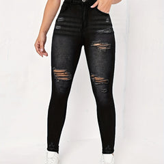 Ripped Holes Skinny Jeans Slim Fit High Waist Casual Denim Pants