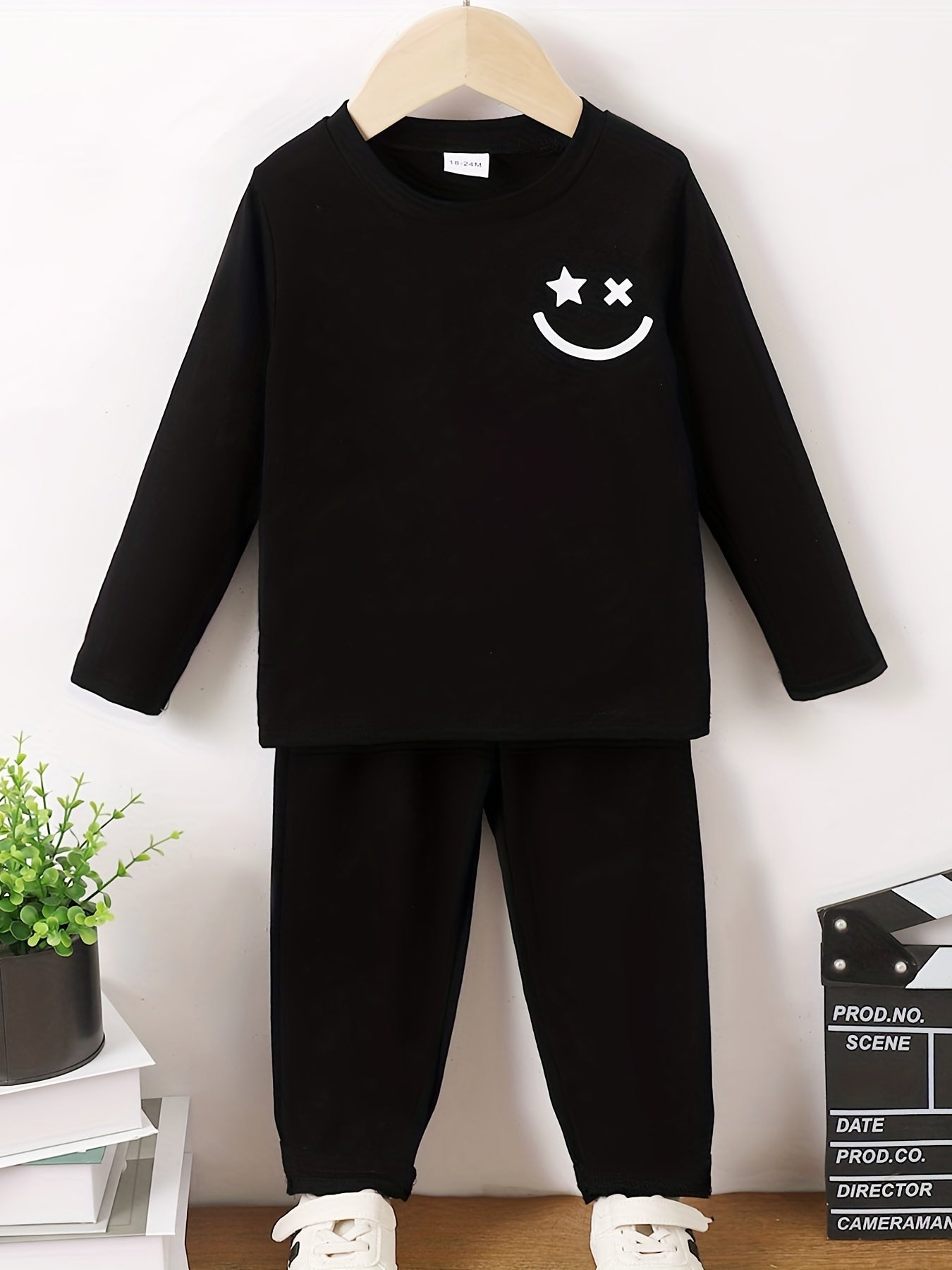 Happy Face Pattern Boy's 2pcs Sweatshirt & Solid Sweatpants Set