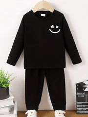 Happy Face Pattern Boy's 2pcs Sweatshirt & Solid Sweatpants Set