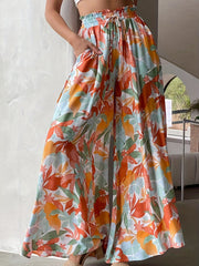 Floral Print Drawstring Palazzo Pants Boho Vacation Elastic Waist Wide Leg Pants