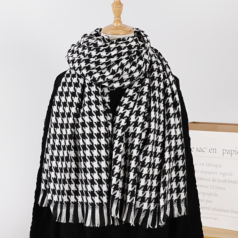 Women's Winter Houndstooth Plaid Wool Scarf