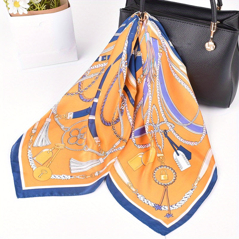 Chain Print Bandana Silk Square Scarf Satin Shawl Hair Accessories