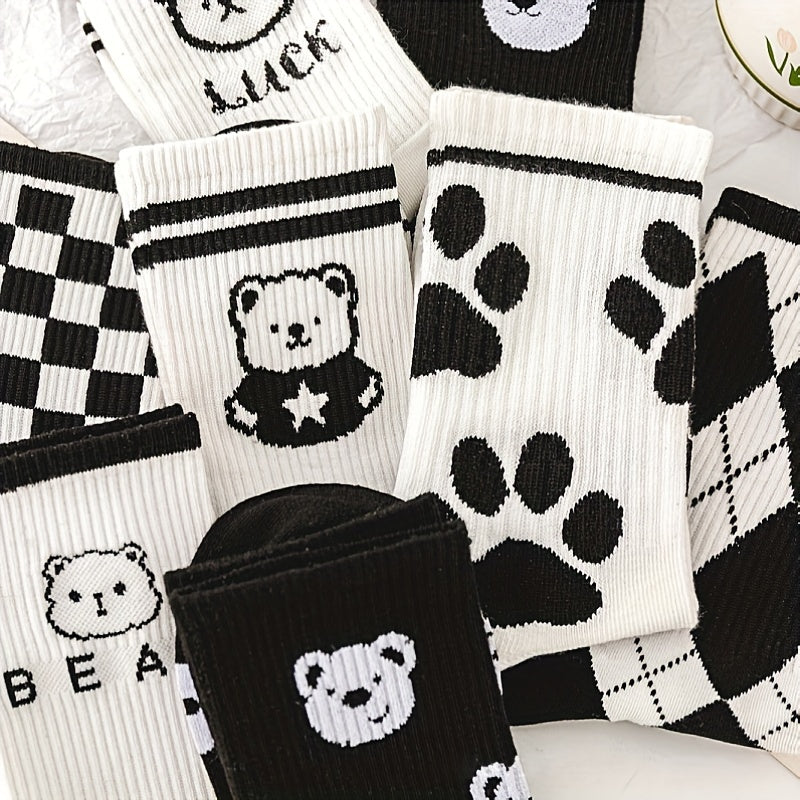 10 Pairs Bear & Plaid Print Mid Tube Socks Women's Stockings