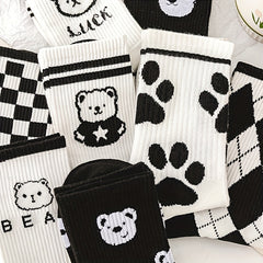 10 Pairs Bear & Plaid Print Mid Tube Socks Women's Stockings