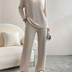 Solid Ribbed Long Sleeve V Neck Top & Pants Outfit Set