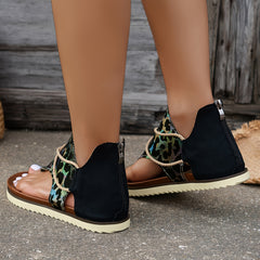Leopard Print Toe Woven Flat Sandals Women's Back Zipper Summer Sandals