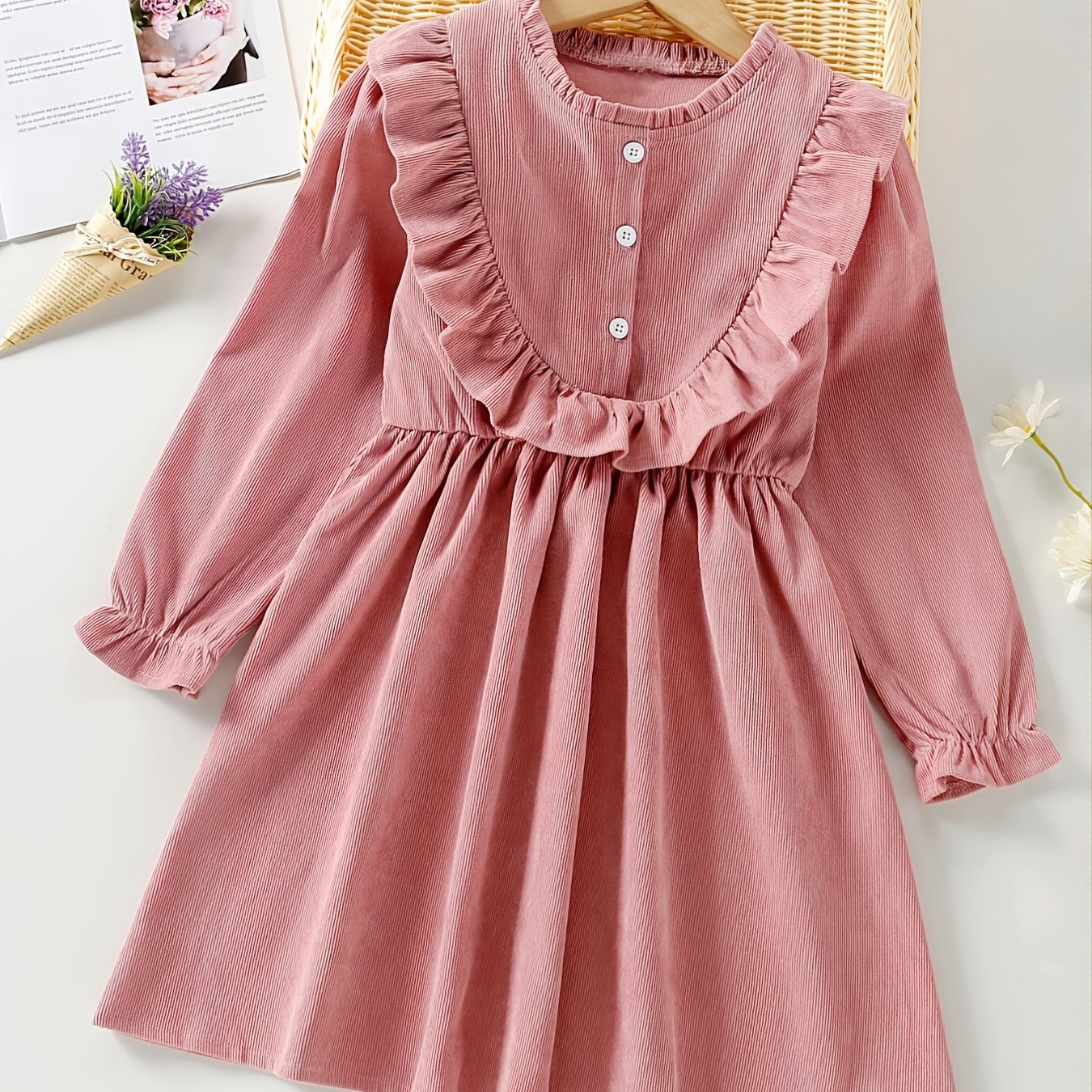 Girls Ruffled Pink Long-sleeved Dress