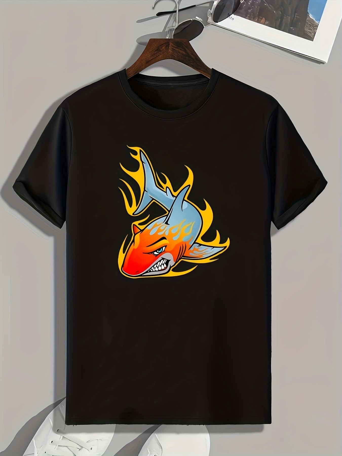 Burning Shark Print Men's Graphic T-Shirt for Summer