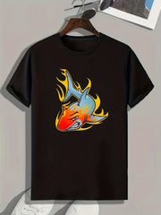 Burning Shark Print Men's Graphic T-Shirt for Summer