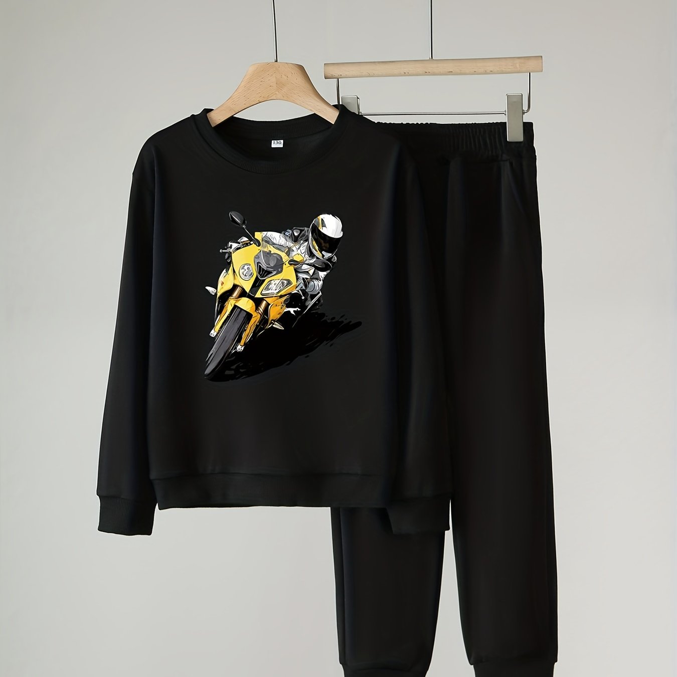 Boy's 2pcs Sweatshirt & Sweatpants Set Cartoon Motorcycle Boy Print