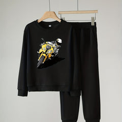 Boy's 2pcs Sweatshirt & Sweatpants Set Cartoon Motorcycle Boy Print