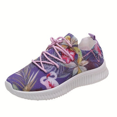Floral Print Sneakers Lace Up Low Round Toe Casual Flatform Shoes