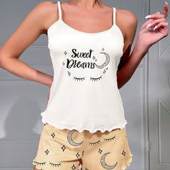 Letter Print Pajama Set Round Neck Cami Top & Shorts