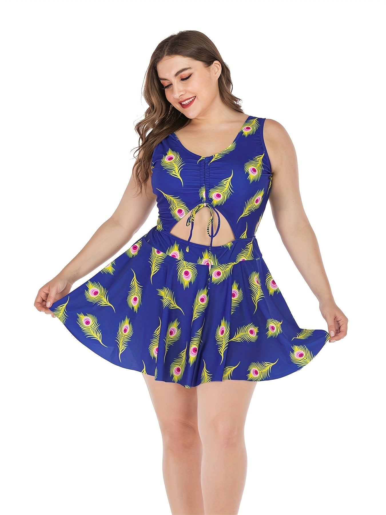 Feather Print Knot Cut Out Round Neck One Piece Swimsuit