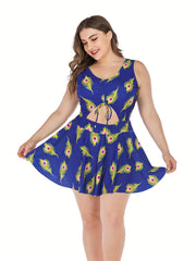 Feather Print Knot Cut Out Round Neck One Piece Swimsuit