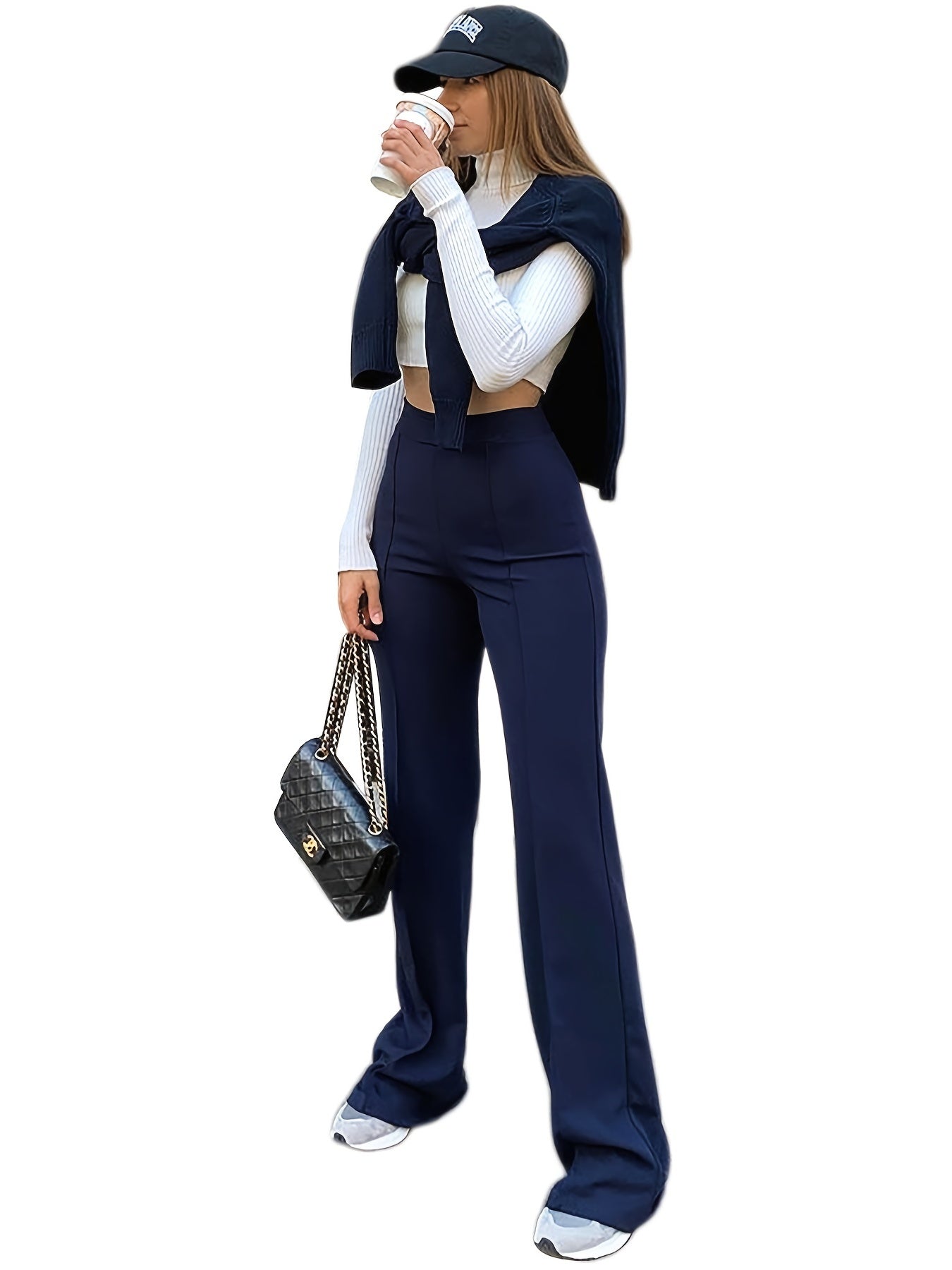 High Waist Elastic Wide Leg Pants Slim Fit Long Length